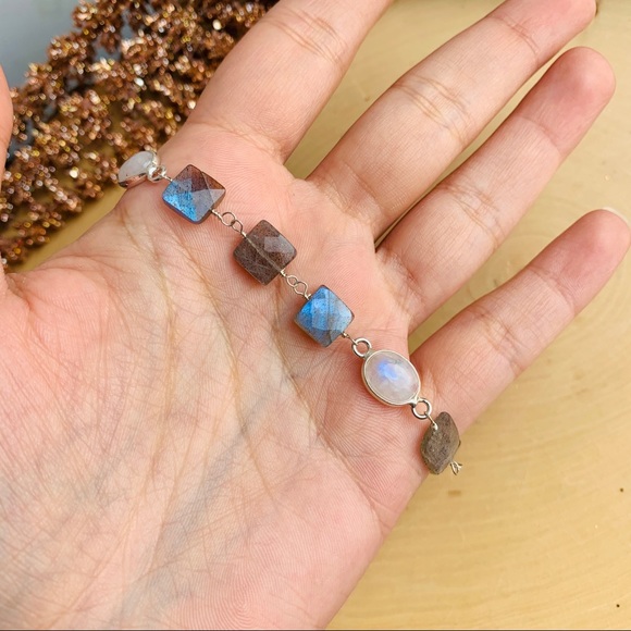 Labradorite, Moonstone Gemstone Sterling Bracelet - Picture 2 of 7